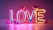 © Benzbutter - Colorful Neon Love Sign with Glitter Hearts on Bright Background for Romantic and Creative Projects