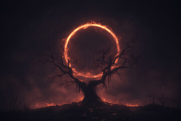 Wall Mural - A tree with a circle of fire around it