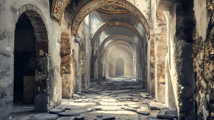 Wall Mural - Echoes of time: 3d render of crumbling roman basilica ruins with intricate mosaics in soft morning light. basilica. illustration. Echoing Ruins. Illustration