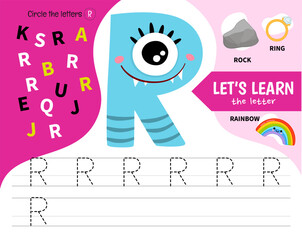 Wall Mural - Kids learning material. Worksheet for learning alphabet. Letter R. Illustration of cute cartoon monster letters.
