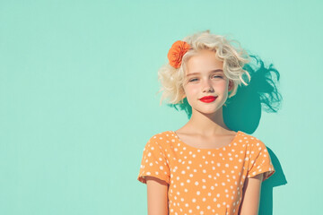 Wall Mural - A young blonde girl wearing a polka dot dress and a flower in her hair