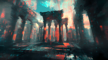 Wall Mural - Mystical journey through a shadowy temple in a twilight realm of ancient ruins and secrets. generative ai. Echoing Ruins. Illustration