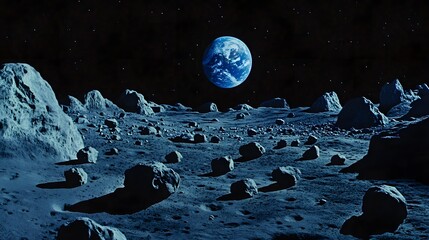 Wall Mural - a stunning view of earth rising above a rugged lunar landscape. rocky terrain, craters, and the dist
