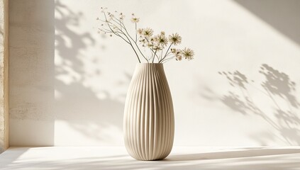 Wall Mural - Beige vase with dried flowers in sunlight, indoor