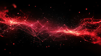Abstract red digital technology background with glowing particles and network connections