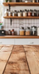 Wall Mural - Empty wooden kitchen table in front of a well-stocked spice rack