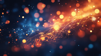Abstract digital background with glowing connections and network dots in shades of dark orange and blue