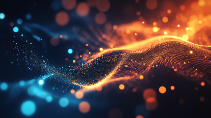Abstract digital background with glowing connections and network dots in shades of dark orange and blue