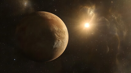 Wall Mural - a breathtaking view of a planet in space, bathed in the golden light of a nearby star. stars and neb