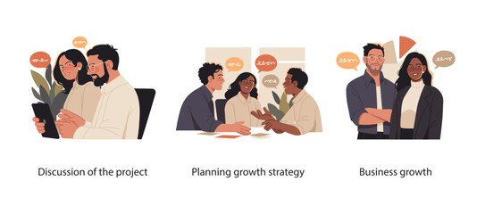 Wall Mural - business illustrations featuring professionals engaged in project discussions, strategic planning, a