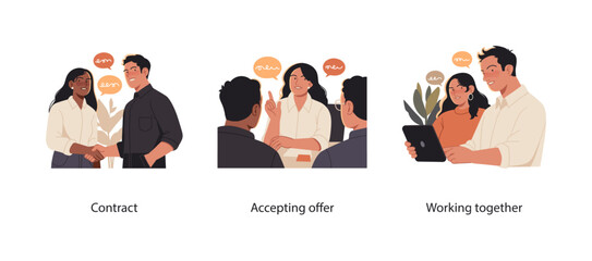 Wall Mural - business illustration set featuring professionals sealing a contract with a handshake, an individual