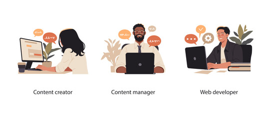 Wall Mural - illustration of professionals working as a content creator, content manager, and web developer. repr