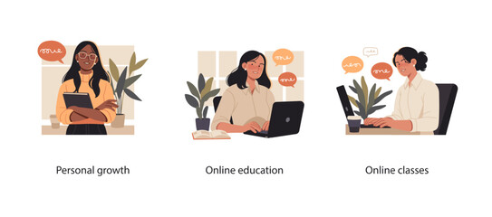 Wall Mural - set of three illustrations depicting personal growth, online education, and online classes. features