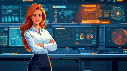 Wall Mural - Confident Businesswoman in Futuristic Tech Control Room: Global Data Analysis and Network Monitoring