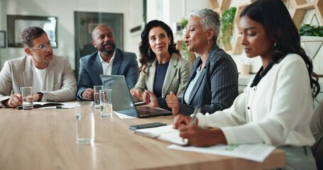 Aufkleber - Business people, financial advisor and presentation with laptop, budget and audit for customer portfolio. Woman, accountant or agent meeting with tech for consultation advice or assistance review