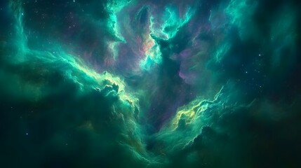 Wall Mural - a breathtaking nebula, swirling with vibrant teal and emerald hues. scattered stars twinkle in the c