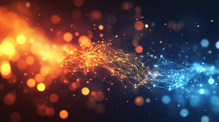 Abstract digital background with glowing connections and network dots in shades of dark orange and blue