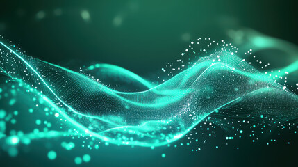 Wall Mural - abstract background with glowing lines and dots in teal color on a dark green background