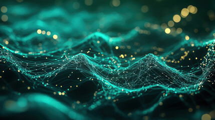 Wall Mural - abstract background with glowing lines and dots in teal color on a dark green background