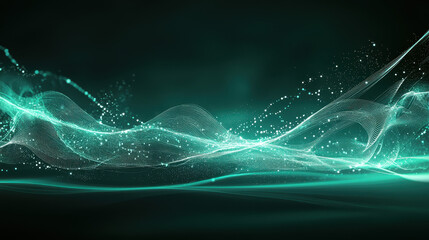 Wall Mural - abstract background with glowing lines and dots in teal color on a dark green background