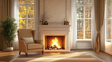 Wall Mural - Cozy living room with a fireplace and autumn view through large windows.