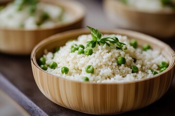 Wall Mural - cauliflower rice garnished with green peas and served in a bamboo bowl