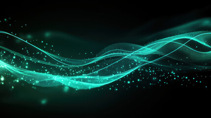 Wall Mural - abstract background with glowing lines and dots in teal color on a dark green background