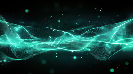 Wall Mural - abstract background with glowing lines and dots in teal color on a dark green background