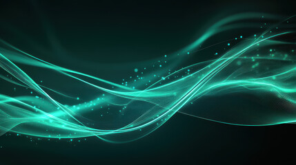 Wall Mural - abstract background with glowing lines and dots in teal color on a dark green background