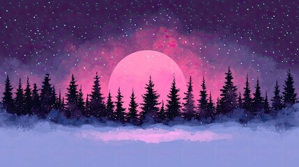 Wall Mural - pink moon night: enchanting winter forest landscape
