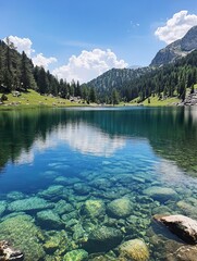 Wall Mural - crystal-clear mountain lake reflects sky, sheep graze on shore