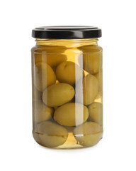 Wall Mural - Pickled green olives in glass jar isolated on white