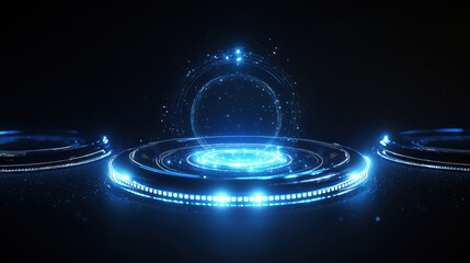 Wall Mural - abstract futuristic background with glowing blue circular elements and light effects on a dark black