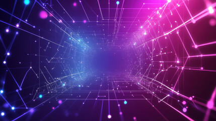 Abstract background with polygonal network lines and dots on a gradient color background of purple