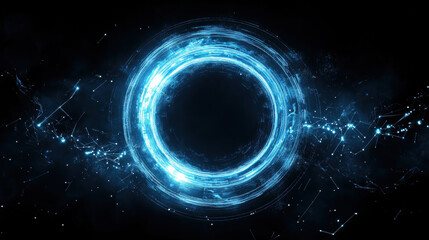 Wall Mural - abstract futuristic background with glowing blue circular elements and light effects on a dark black