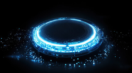 Wall Mural - abstract futuristic background with glowing blue circular elements and light effects on a dark black