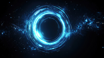 Wall Mural - abstract futuristic background with glowing blue circular elements and light effects on a dark black