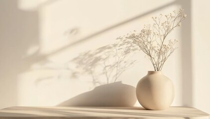 Wall Mural - Beige vase with dried flowers, sunlit shadows on a light table