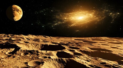 Wall Mural - a stunning view of a cratered alien landscape under a night sky. a large, partially illuminated moon