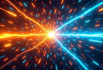 Geometric Radial Background with Zooming Light Streaks: Abstract Star Explosion Effect in Blue and Yellow Neon, Visual Tech Datum for Music Flow, Energy Surge, and Tech Initiation.

