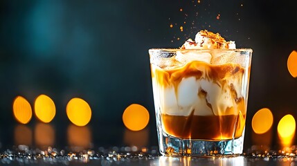 Wall Mural - Glass of iced coconut caramel macchiato drink filled with ice cubes on wooden table