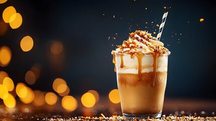 Wall Mural - Glass of iced coconut almond caramel frappuccino with straw on a wooden table in a cafe setting