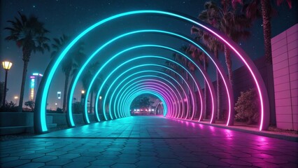 Wall Mural - Futuristic background concept, Neon-lit archway in a nighttime setting