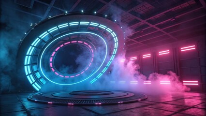 Wall Mural - Futuristic background concept, Futuristic portal with neon lights and smoke effects