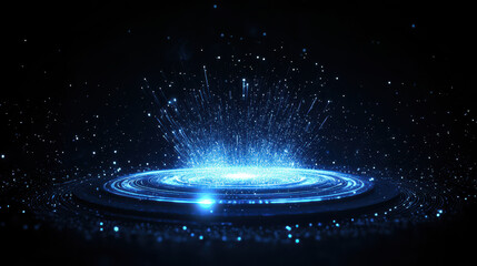 Wall Mural - abstract futuristic background with glowing blue circular elements and light effects on a dark black