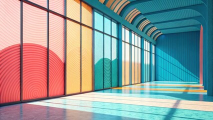 Poster - Colorful interior space with geometric patterns.