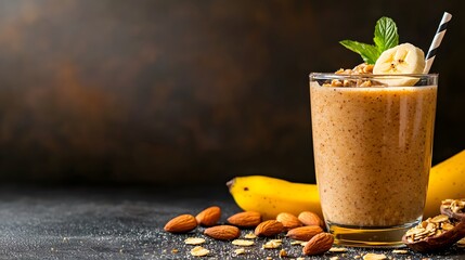 Wall Mural - Glass of banana smoothie with spoon and iced almond butter banana shake on wooden table