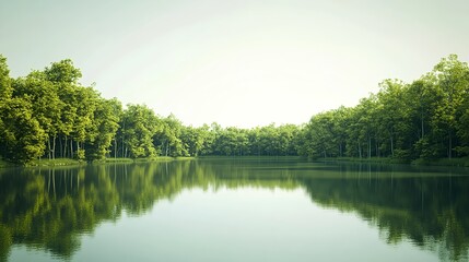 Wall Mural - Tranquil Reflection of Lush Trees in Calm Lake at Dawn