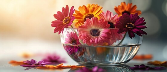 Sticker - Vibrant flowers bloom in glass bowl, soft light.