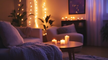 Wall Mural - A cozy, softly lit living room with candles and plants, creating a warm atmosphere.